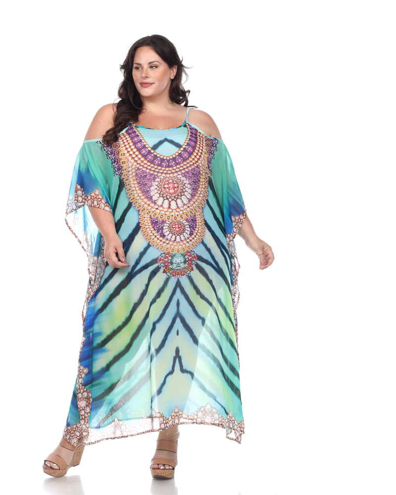 Front of a model wearing a size One Size Sheer Caftan Maxi Dress in Green by White Mark. | dia_product_style_image_id:257748